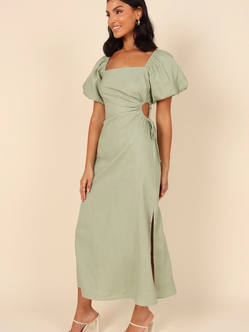 Puff-Sleeve Cutout Midi Dress in Sage Green
